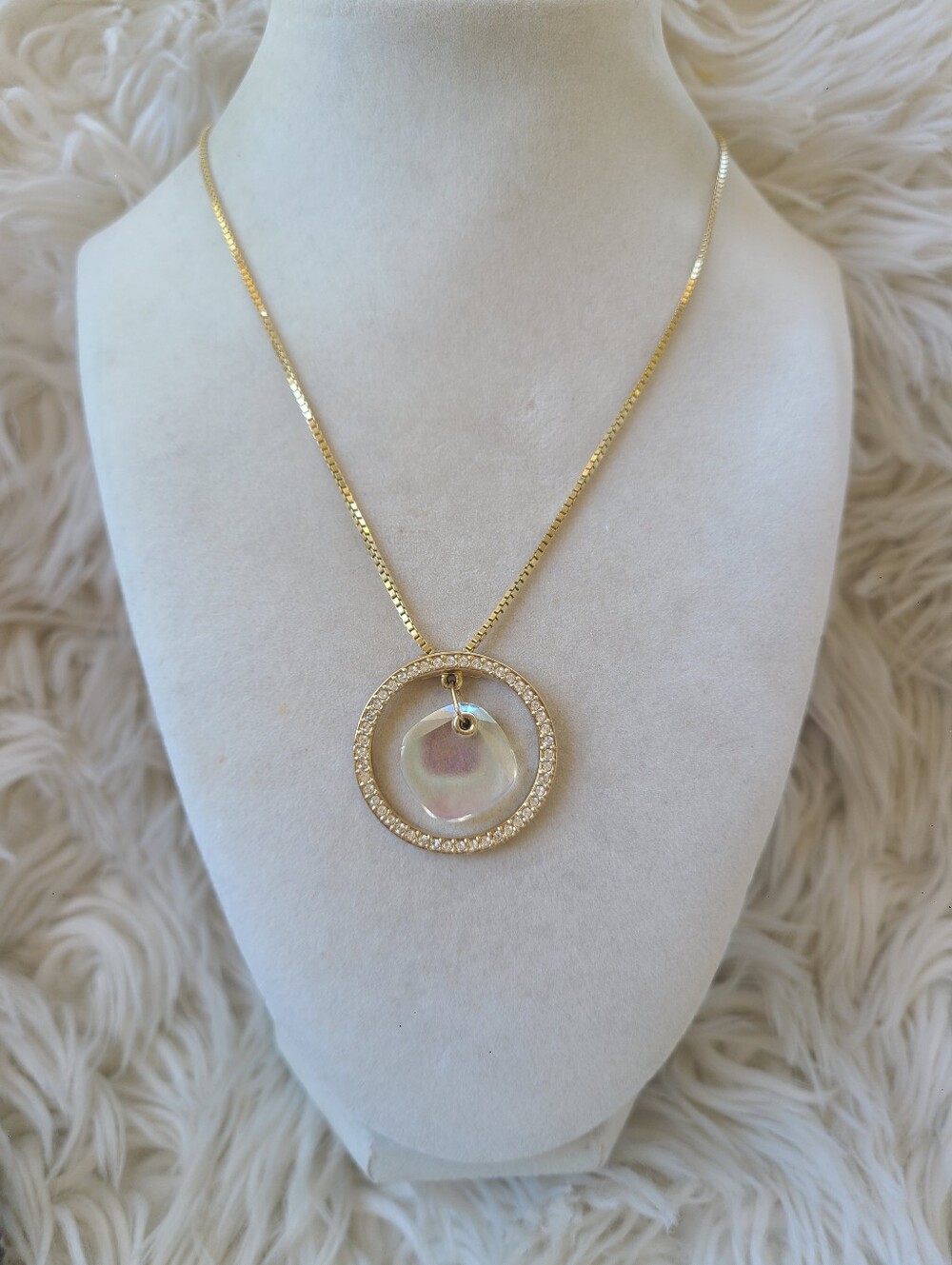 Swarovski Gold-Tone Circle Pendant with Iridescent Center- Great Condition